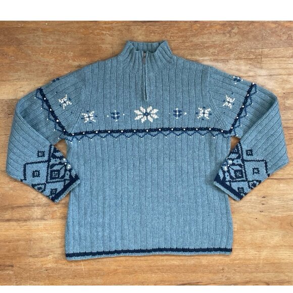 Vintage Fair Isle Wool Sweater Womens Size Large 1990s Ribbed Nordic 1/4 Zip Moc - Picture 1 of 4